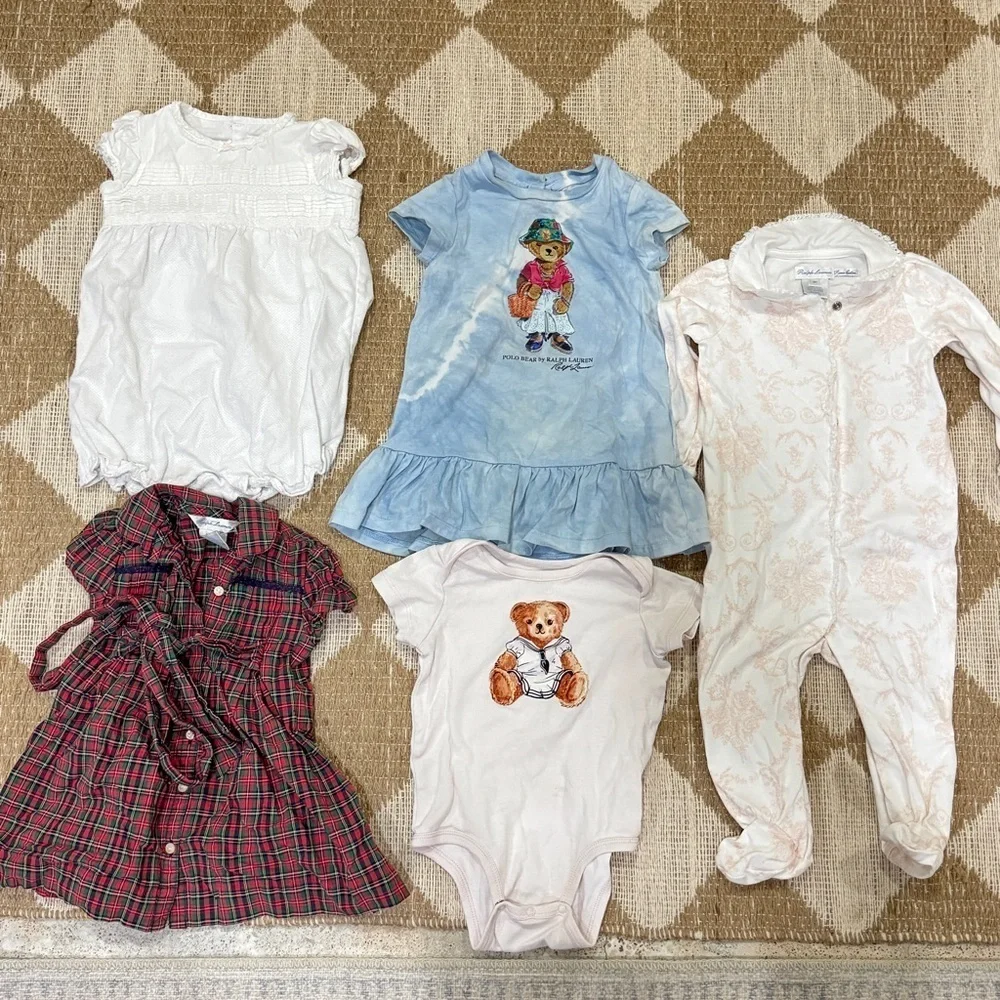 Ralph Lauren BUNDLE baby girl coverall plaid dress romper teddy bear onesie bow